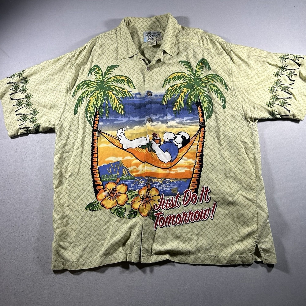 Vintage Mens Big Dogs Hawaiian Shirt Just Do It Tomorrow Palm Beach Rayon Large
